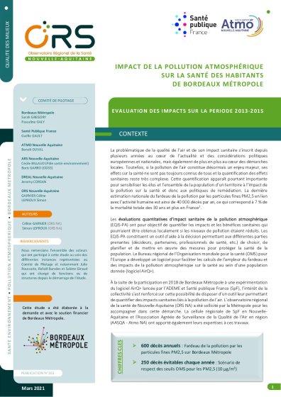 Impact de la pollution atmosphérique sur la santé des habitants de Bordeaux Métropole - Observatoire Régional de la Santé 2021