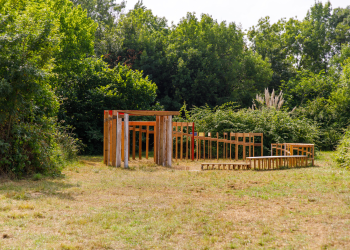 vue d'une œuvre avec des bouts de bois de différentes tailles au sol. Des arbres en arrière plan