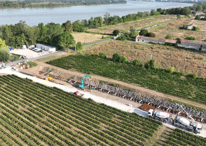 Vue de drone des travaux de la Jalle de la presqu'ile d'Ambés