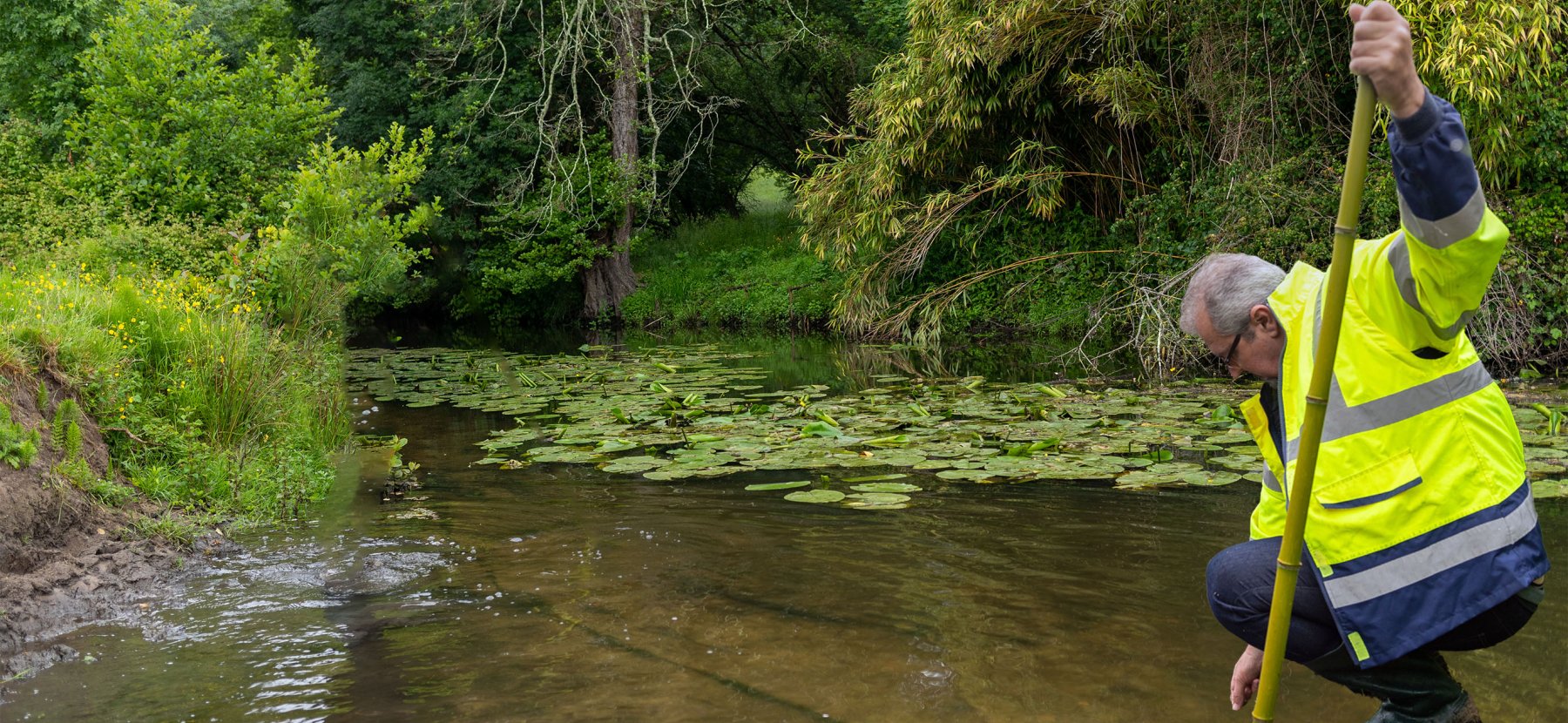 Un technicien rivière effectue une prélèvement dans la Jalle (photo retouchée)