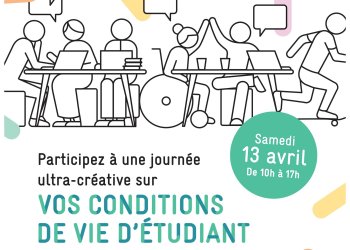 Affiche avec un dessin d'étudiants discutant ensemble