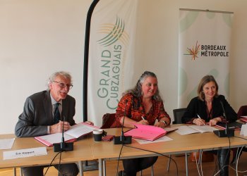 Christine Bost, présidente de Bordeaux Métropole, Valérie Guinaudie, présidente de la Communauté de Communes du Grand Cubzaguais et Éric Happert, président de la Communauté de Communes Latitude Nord Gironde