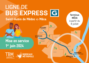 Affiche orange du Bus Express avec date du lancement au 1er juin 2024 et carte du parcours des arrêts