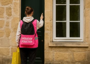 Une médiatrice déchets avec un gilet rose sonne à la porte d'une maison