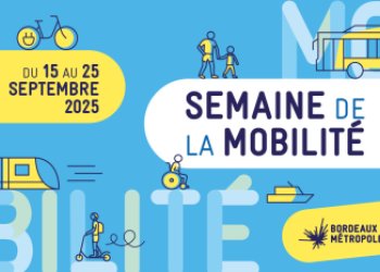 Affiche jaune et bleue avec les dates 15 au 25 septembre et le tite de l'événement semaine de la mobilité. Un tram, un bateau, une personne en fauteuil et un bus sont en arriere plan dessinés.