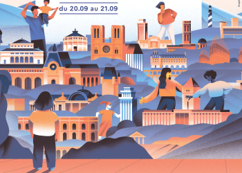 Dessin de monuments célèbres comme Notre Dame de Paris avec des personnages autour. 