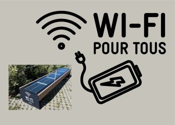 Visuel du Wifi pour tous avec l'icone Wifi pour tous sur la droite et une photo du banc connecté sur la gauche