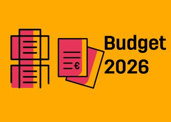un picto papier avec un élément euro dessus et un batiment sur un fond jaune avec écrit budget 2026