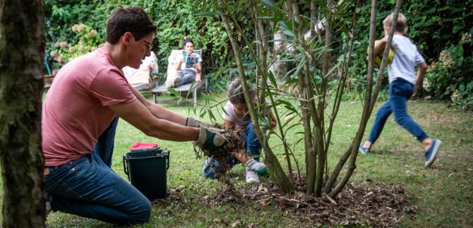 Père qui jardine avec ses enfants