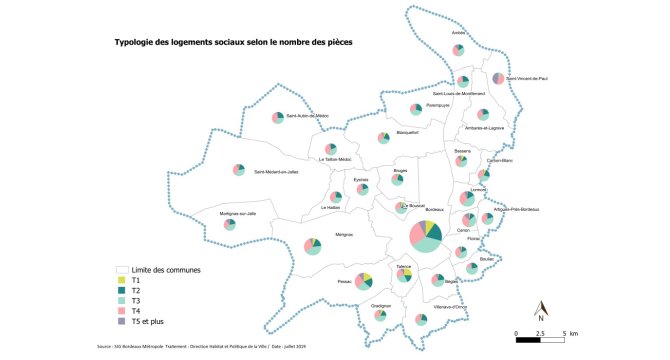 Carte des typologies de logements sociaux, du T1 au T5, dans les 28 communes de la Métropole. 