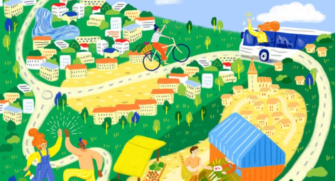 dessin d'une personne à vélo avec un village derrière.
