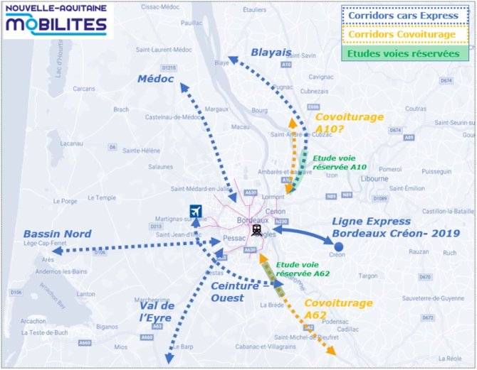 cartographie des corridors de Bordeaux Métropole : cars express ; covoiturage ; études voies réservées