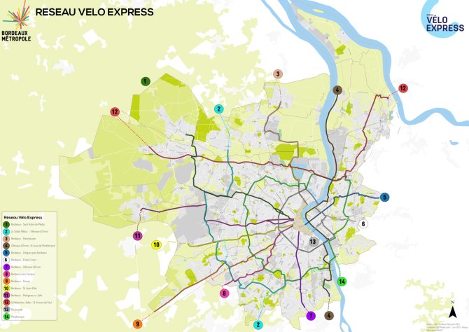 Carte du réseau vélo express qui s'étend sur toutes la Métropole avec plusieurs lignes reliant ces communes.