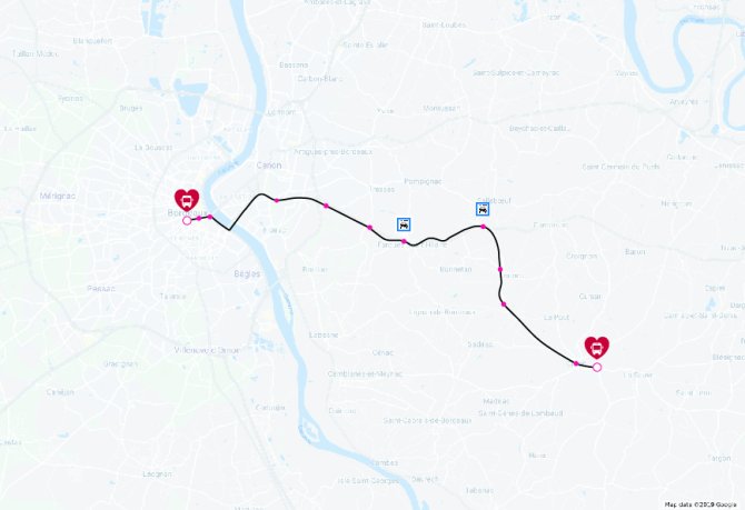 carte du parcours de cars express créon bordeaux