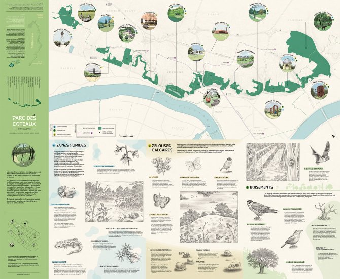 Dépliant de la carte du Parc des Coteaux et la présentation des espèces animales et végétales présentent sur le parc