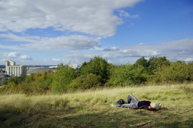 Vue sur le port depuis panoramis Bassens avec un homme alongé dans l'herbe (c) GPV Rive Droite