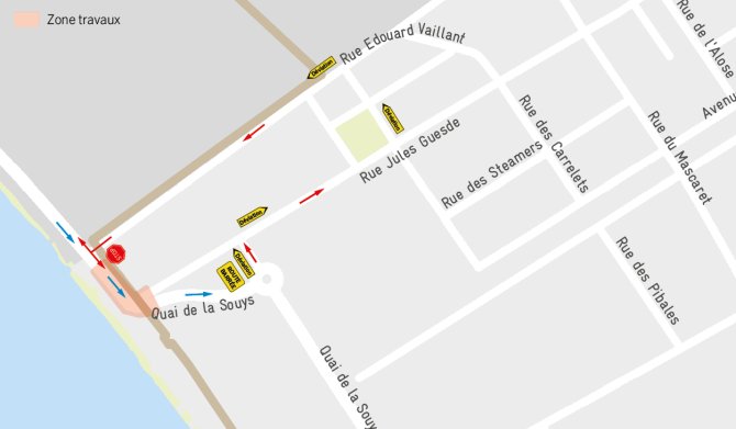 Plan de circulation du quai de la Souys au carrefour de la rue Jules Guesde