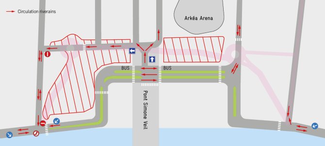 Plan de circulation devant l'Arkéa Arena, entre les carrefours de la rue Jules Guesde et de la rue Alfonsea