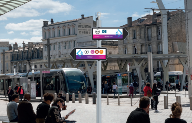 Illustration d'une mise en situation de i-girouettes à une station tram : outil d'information dynamique destiné aux usagers pour s'orienter (photo non contractuelle)