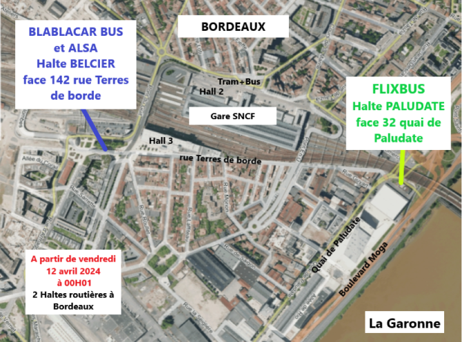 Plan des haltes routières de Bordeaux, Flixbus à la halte routière Paludate et Blablacar et Alsa à la halte routière Belcier, secteur Saint Jean