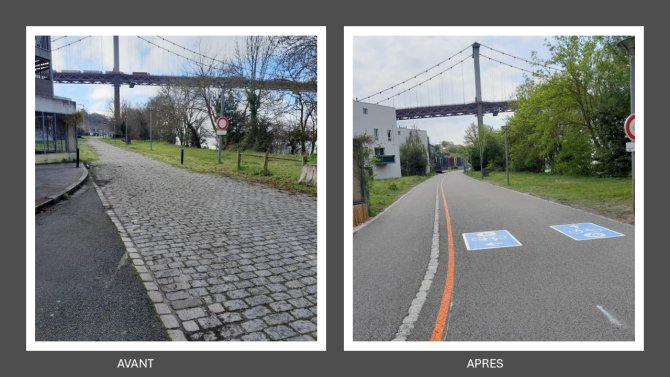 vues avant/après des allées de Tabarly avec le pont d'Aquitaine en second plan
