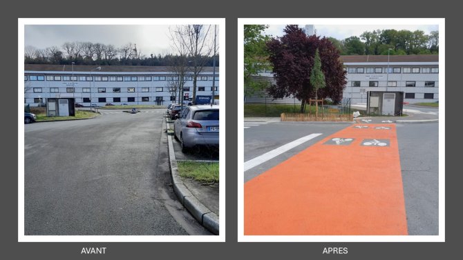 vue avant/après Allées Tabarly avec en second plan le centre municipal technique de Lormont