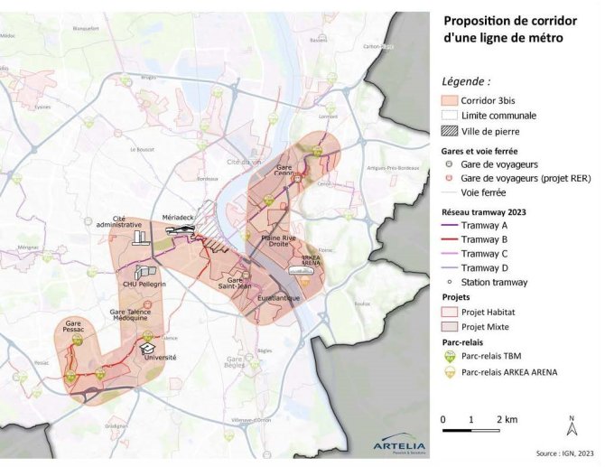 plan de situation du corridor Nord, le tracé choisi pour l'étude du métro à Bordeaux Métropole