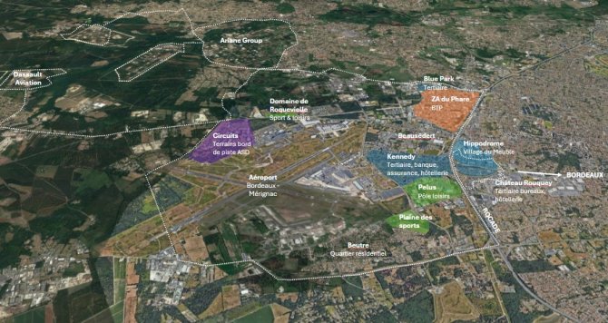 Carte du périmètre de l'aeroparc avec les zones économiques en couleur