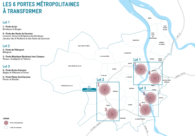 Carte géographique de la Métropole avec la position géographique des 3 lots. Les lots sont décrits plus haut dans la page