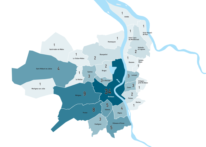 Carte du nombre d'élus par commune au Conseil de Métropole