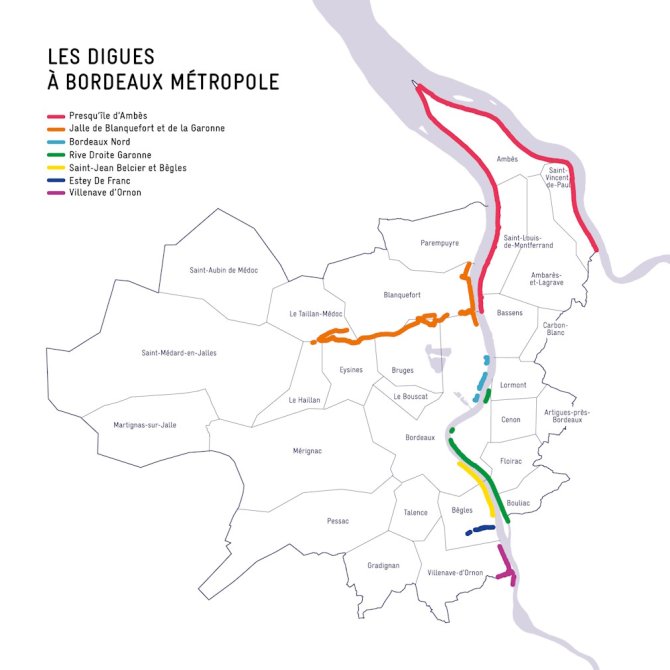 Les digues à Bordeaux Métropole - Carte montrant les digues dans la métropole bordelaise
