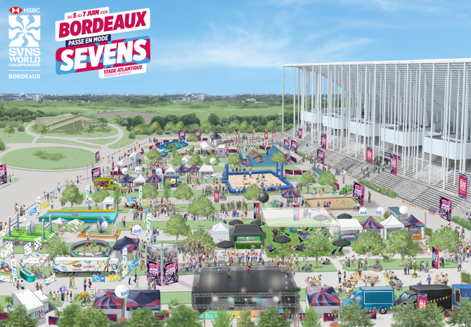 Les animations sont dessinées devant le stade atlantique avec la garderie, les ateliers enfants drapeau, le terrain de beach rugby