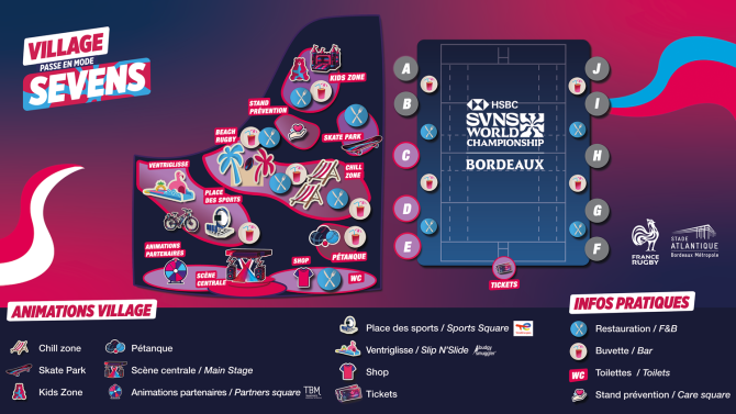 Plan du village rugby avec emplacement de la chill zone, du beach rugby du stade